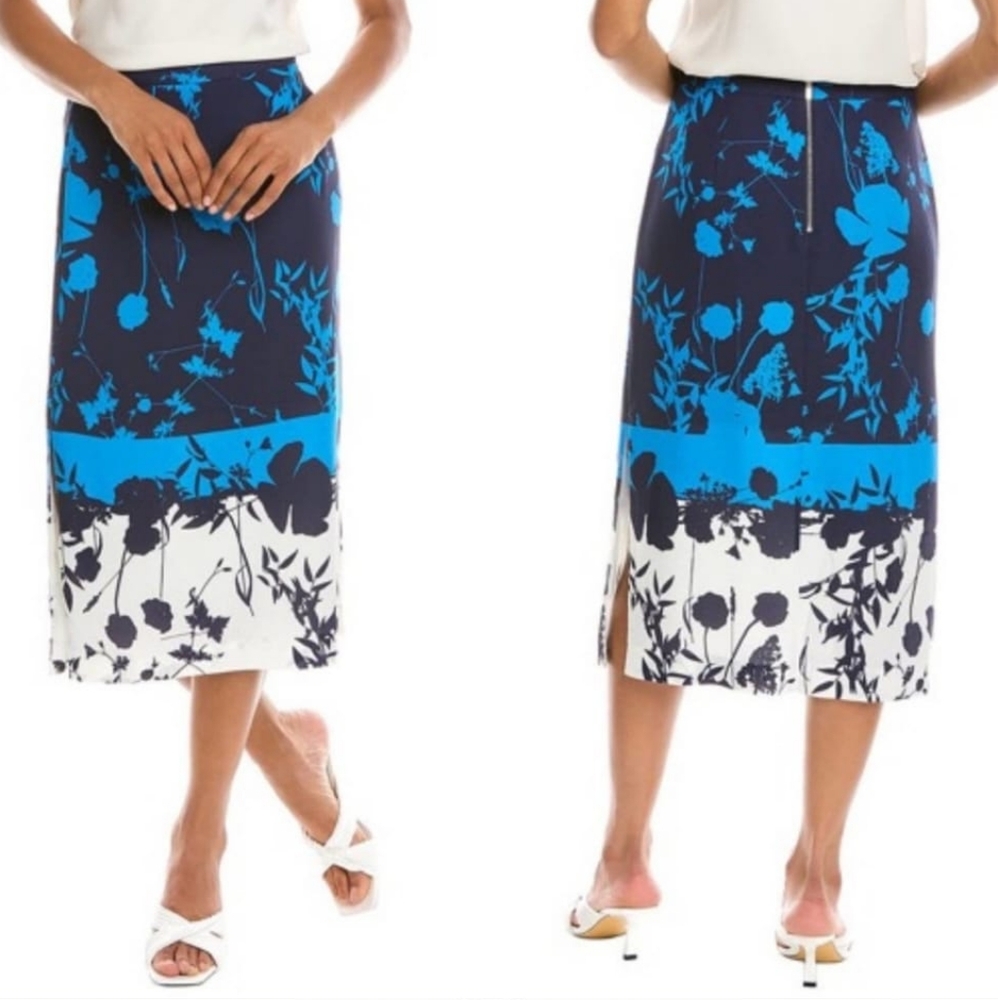nwt Ted Baker Selaah Blue Bell Side Slit Lined Midi Skirt, Blue/White/Bl…